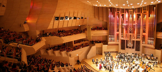 Great concert hall with philharmonic orchestra
